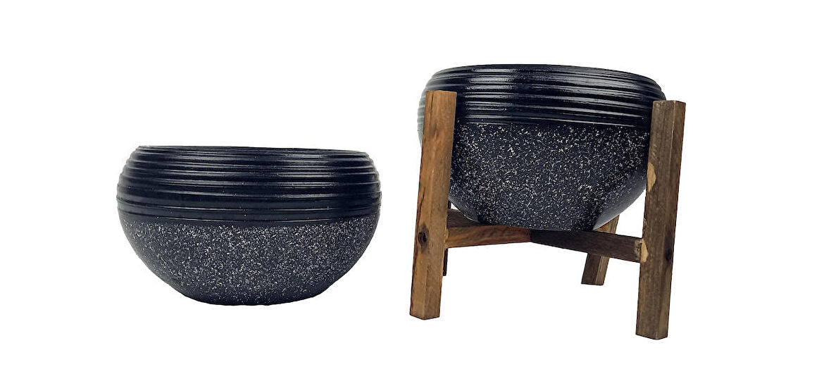 Ev Dekorasyon  Siyah Granit Küp Aranjman Saksı Saksılık Salon Çiçeklik İkili Set (Ayaksız-4 Ayak)